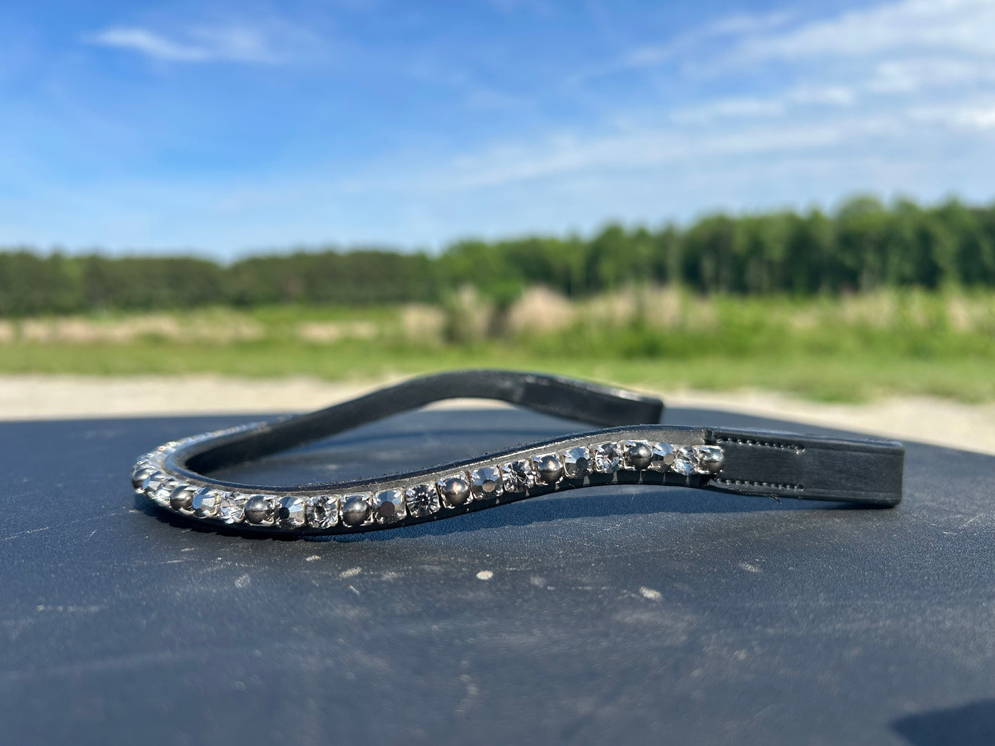 A black sparkly English leather browband with silver, black and clear crystals.