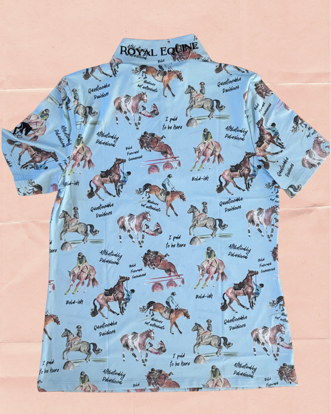 short sleeve sun shirt with riders falling off horses