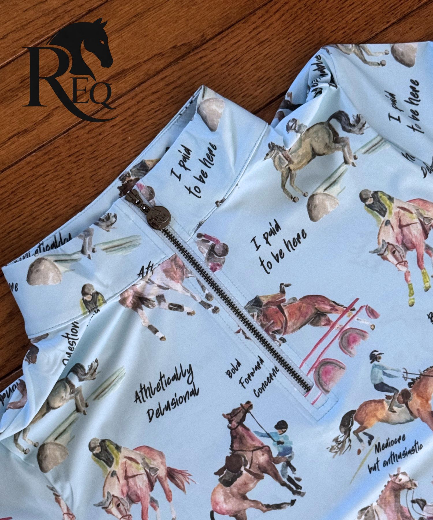 short sleeve sun shirt with riders falling off horses