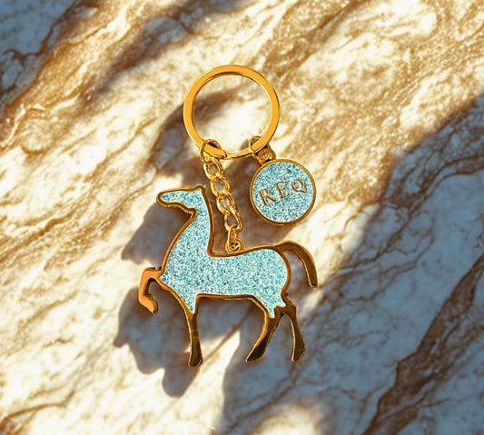 Gold and blue horse keychain bag charm