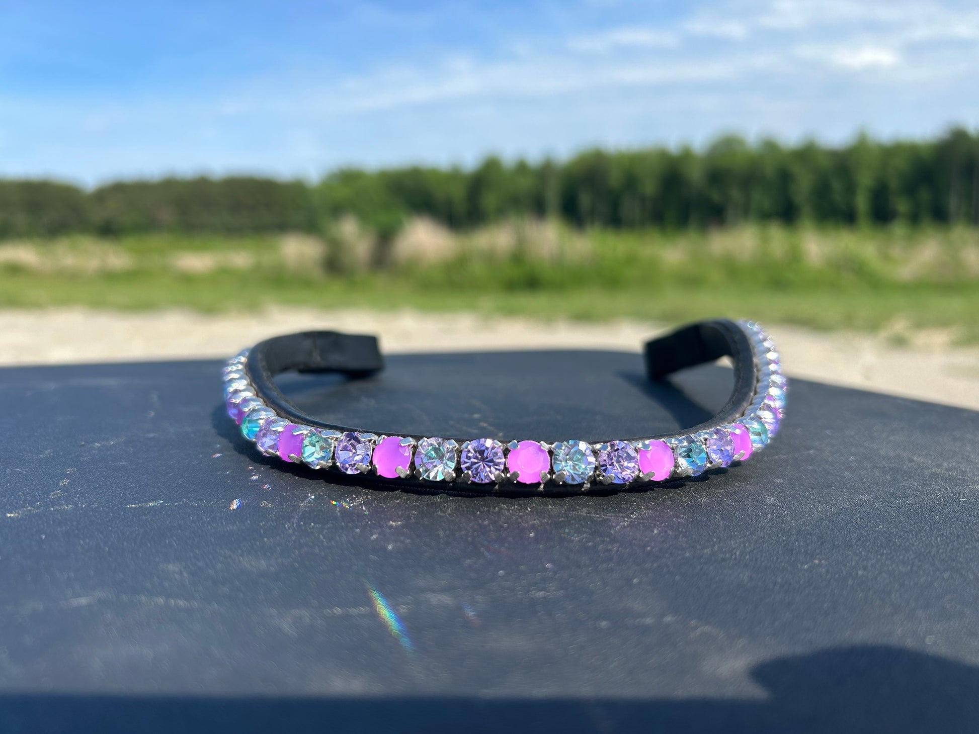 Sparkly browband in mermaid colors on black leather -  pink, blue, purple.