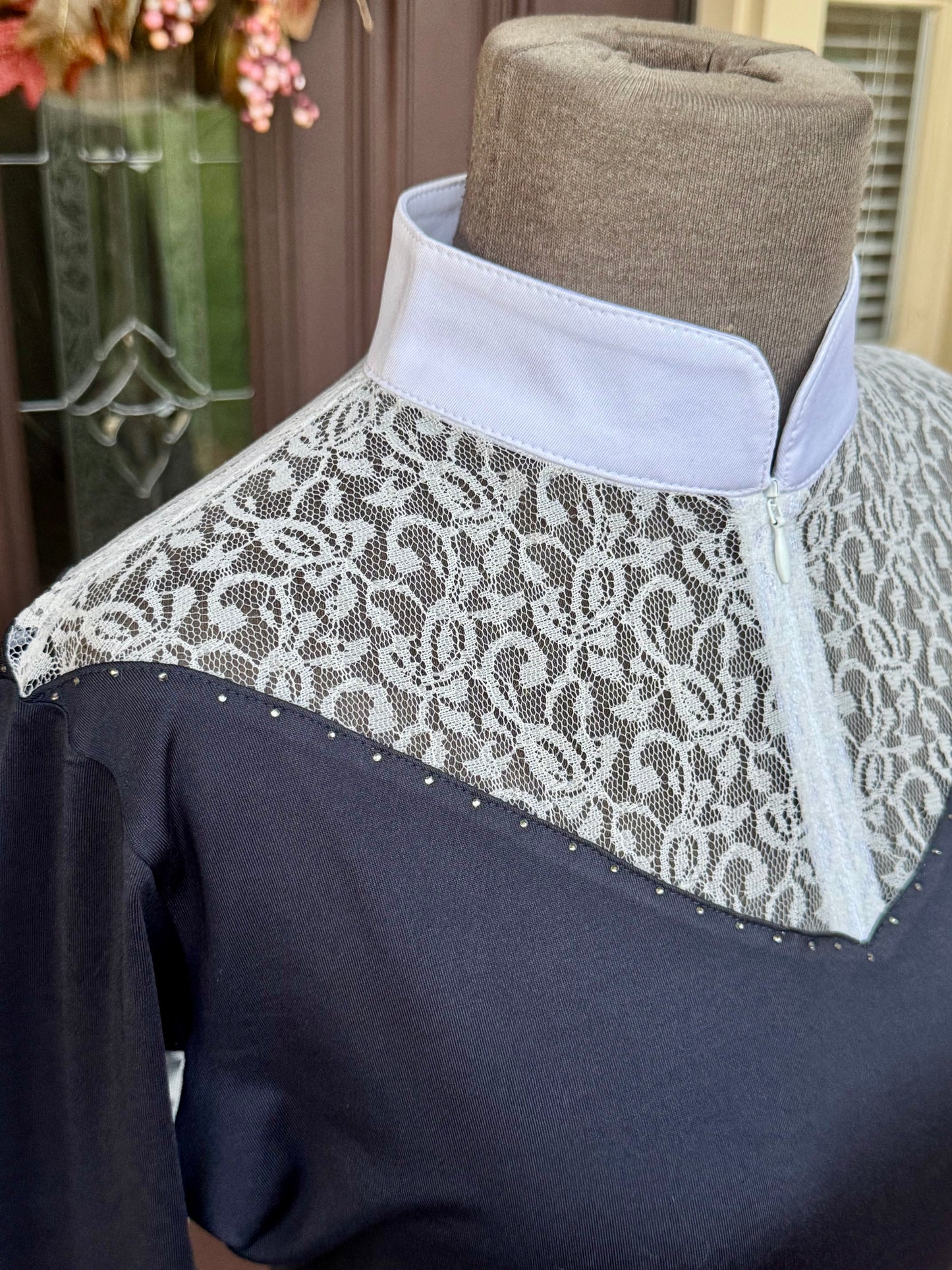 navy horse show shirt with lace