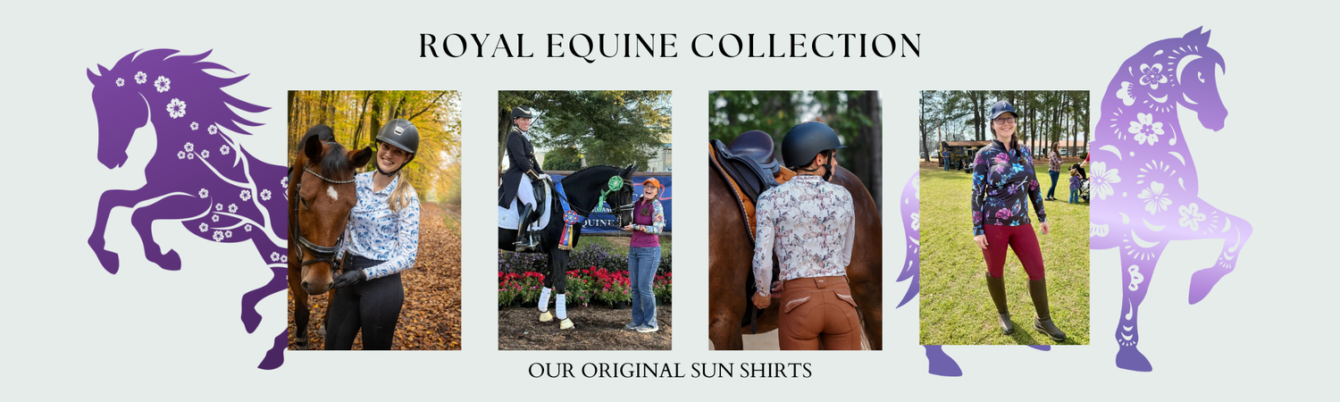 Promotional banner for Royal Equine Collection sun shirts featuring equestrian activities.