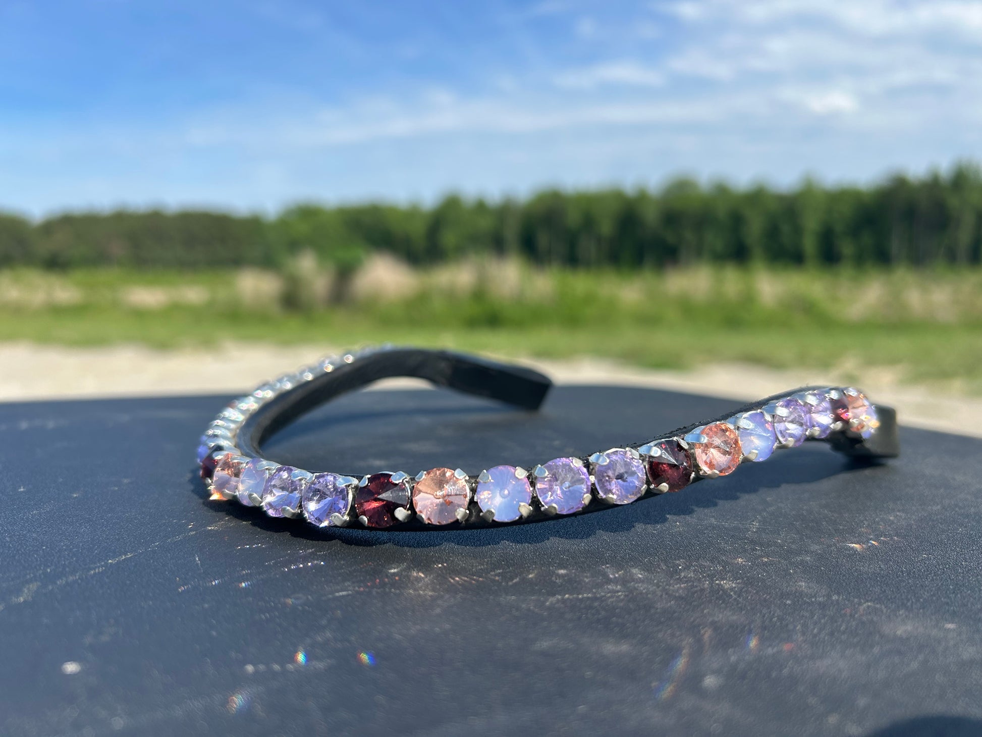 A black English leather browband with lavender, rose, and lilac stones