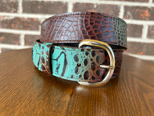 Turquoise and Brown Croc Leather Belt