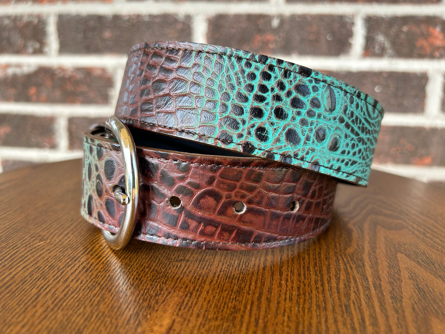 Turquoise and Brown Croc Leather Belt