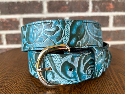 Teal and Green Florals Leather Belt